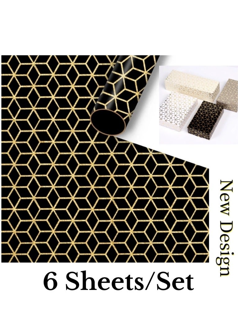 6 Sheets Luxury Ramadan Eid Gift Packaging Paper Black Gold Stamping Delicate Gift Wrapping Paper Geometric Business Men's Gift Paper 50×70cm - Image 1