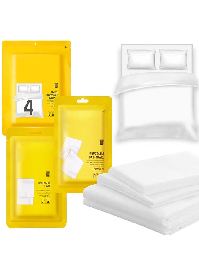 7pack Disposable Travel Bedding Set,Disposable Bedding Sheets,Portable Sheet for Business Hotel Trip Outdoor Camping,1 Bed Sheet,1Quilt Covers and 2 Pillow Cases,2Towel,1 Bath Towel  - Image 1