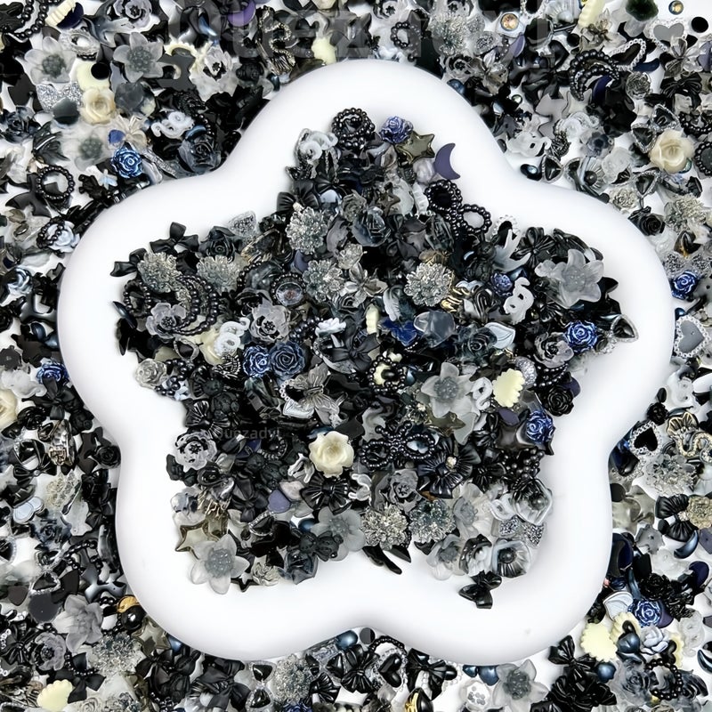 Quezadyl 300Pcs 3D Mixed Gothic Dark Bow Nail Art Charms Resin Rose Mini Flower Moon Heart Star Hollow Pearl Nail Charms Butterfly Rabbit Nail Rhinestones Nail Jewelry for Nail Design DIY Crafts Accessories - Image 2