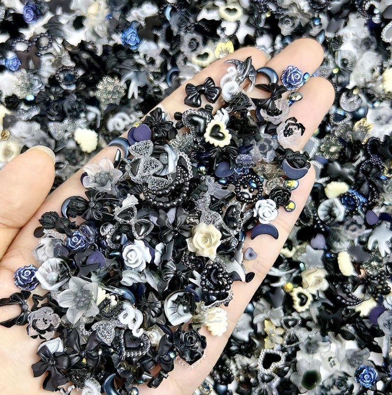 Quezadyl 300Pcs 3D Mixed Gothic Dark Bow Nail Art Charms Resin Rose Mini Flower Moon Heart Star Hollow Pearl Nail Charms Butterfly Rabbit Nail Rhinestones Nail Jewelry for Nail Design DIY Crafts Accessories - Image 1