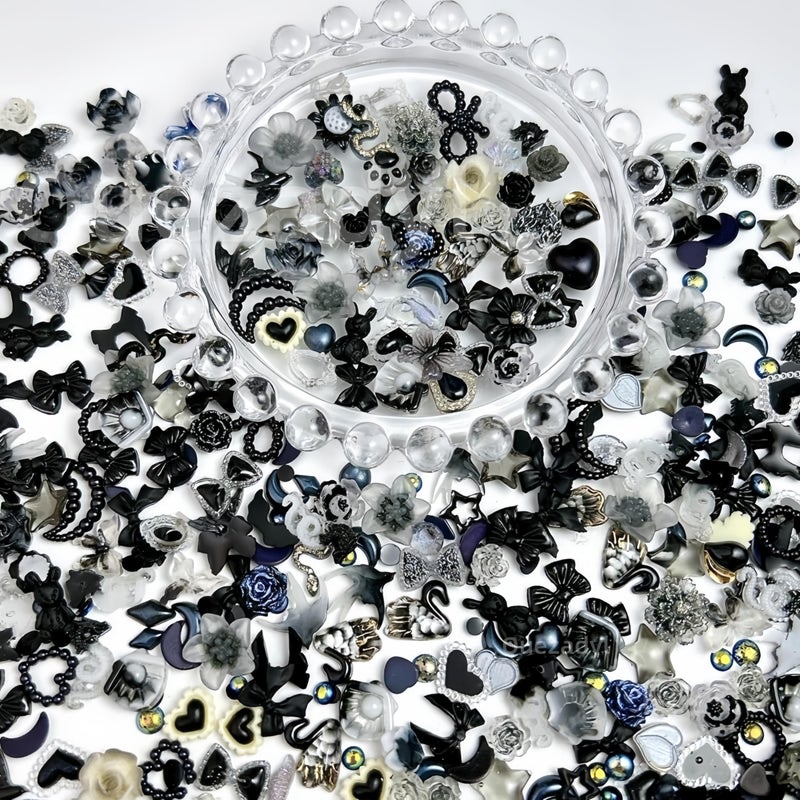 Quezadyl 300Pcs 3D Mixed Gothic Dark Bow Nail Art Charms Resin Rose Mini Flower Moon Heart Star Hollow Pearl Nail Charms Butterfly Rabbit Nail Rhinestones Nail Jewelry for Nail Design DIY Crafts Accessories - Image 4