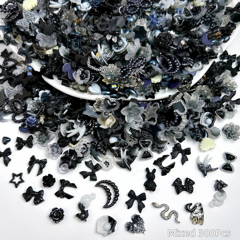 Quezadyl 300Pcs 3D Mixed Gothic Dark Bow Nail Art Charms Resin Rose Mini Flower Moon Heart Star Hollow Pearl Nail Charms Butterfly Rabbit Nail Rhinestones Nail Jewelry for Nail Design DIY Crafts Accessories - Image 3