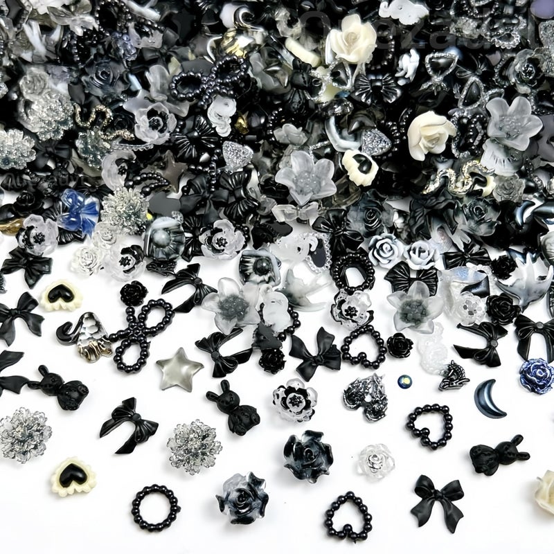 Quezadyl 300Pcs 3D Mixed Gothic Dark Bow Nail Art Charms Resin Rose Mini Flower Moon Heart Star Hollow Pearl Nail Charms Butterfly Rabbit Nail Rhinestones Nail Jewelry for Nail Design DIY Crafts Accessories - Image 5