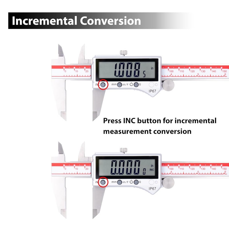 VINCA IP67 Grade Digital Caliper, DIPA-0605 0-6 Inch/150mm, Inch/Millimeter/Fraction Conversion, Stainless Steel, Large LCD Screen - Image 4