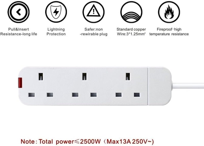 Tafan 3 Extension Sockets with 10ft Cable, 3 UK Sockets - Extension Cable with Safety Shutter and LED Indicator - 2500W, UK Plug Extension (White) - Image 2