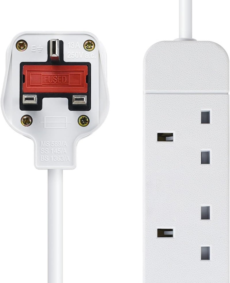 Tafan 3 Extension Sockets with 10ft Cable, 3 UK Sockets - Extension Cable with Safety Shutter and LED Indicator - 2500W, UK Plug Extension (White) - Image 4