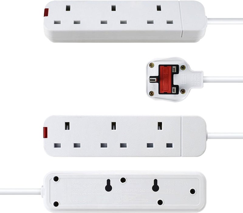 Tafan 3 Extension Sockets with 10ft Cable, 3 UK Sockets - Extension Cable with Safety Shutter and LED Indicator - 2500W, UK Plug Extension (White) - Image 3