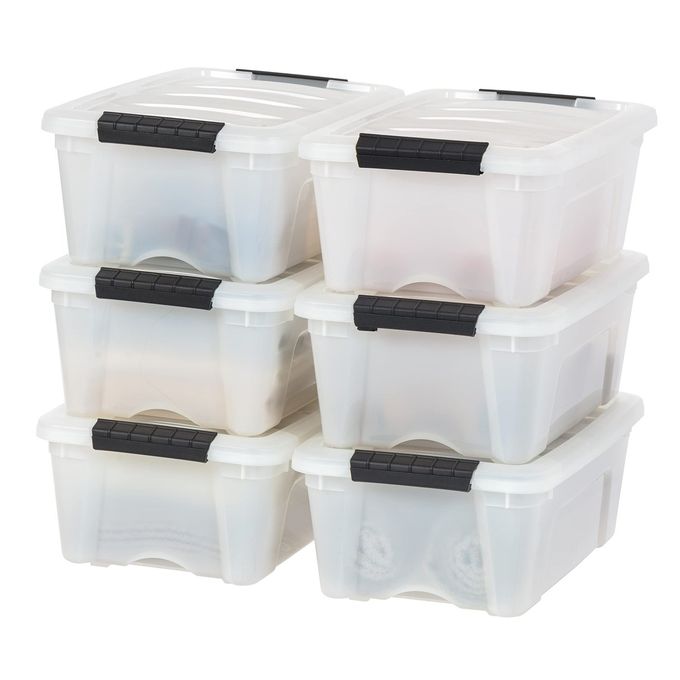IRIS USA 13 Qt Stackable Plastic Storage Bins with Lids, 6 Pack BPA-Free, Made in USA Discreet Organizing Solution, Latches, Durable Nestable Containers, Secure Pull Handle Pearl - Image 1