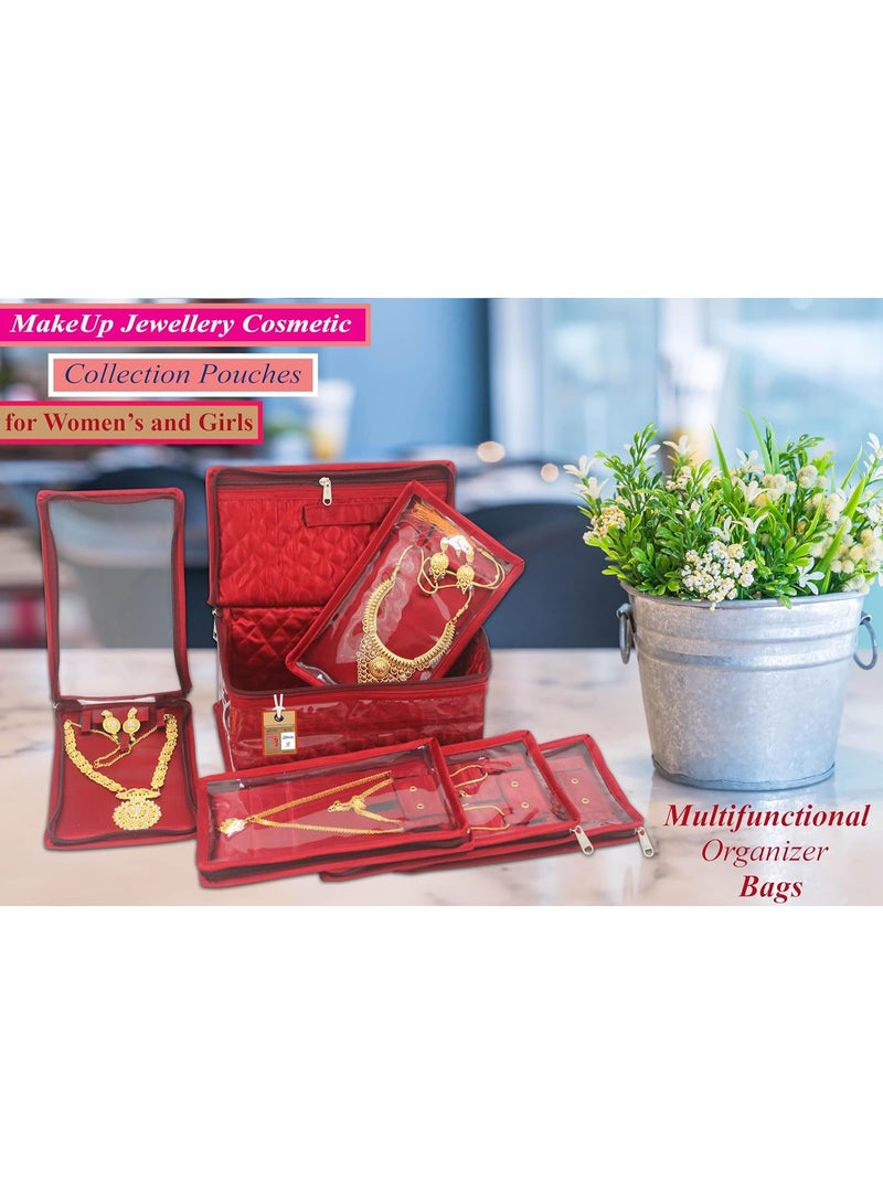 Accessorize Kingdom Satin Women's Jewellery Organizer Necklace Pouches Ring Earring Travelling Make up Kit with 5 Pouch (Maroon) - Image 2