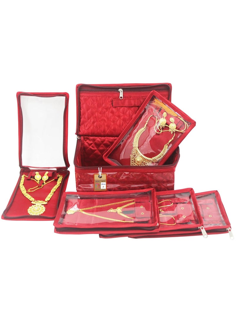 Accessorize Kingdom Satin Women's Jewellery Organizer Necklace Pouches Ring Earring Travelling Make up Kit with 5 Pouch (Maroon) - Image 1