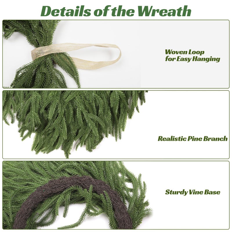 AMORISE 24" Norfolk Pine Wreath, Artificial Christmas Wreaths, Real Touch Green Winter Garland for Front Door Wall Window Indoor Outdoor Christmas Home Holiday Decor, FF13 - Image 5