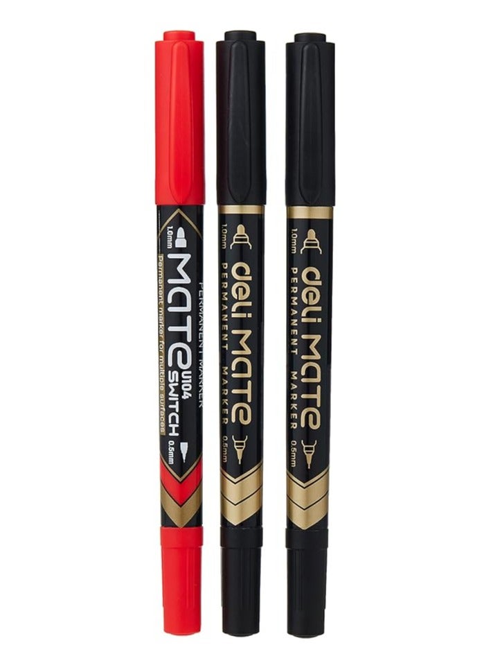 ديلي مجموعة أقلام التحديد المزدوجة الدائمة من Deli Bullet Tip، مكونة من 3 قطع