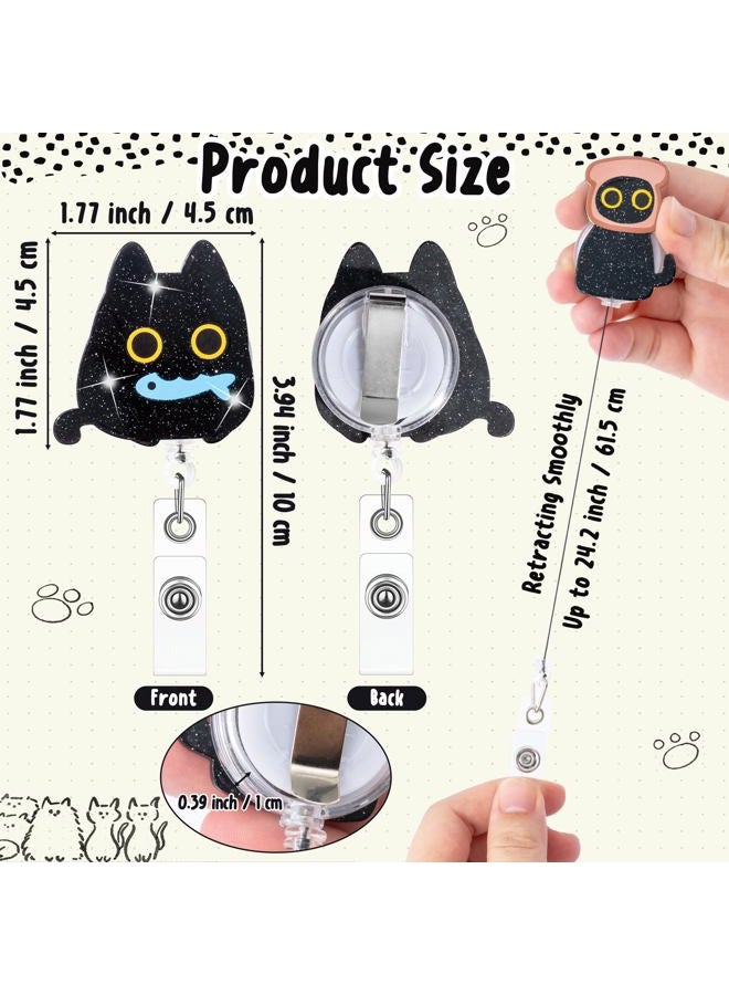 Eartim Cute Black Cat Glitter Badge Reel - 14Pcs Funny Animal Acrylic Retractable ID Badge with Metal Clip Name Tag Holder for Nurse Cat Lover Office Staff Student Birthday Gift Halloween Party Supply - Image 2