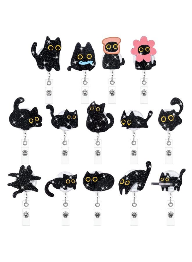 Eartim Cute Black Cat Glitter Badge Reel - 14Pcs Funny Animal Acrylic Retractable ID Badge with Metal Clip Name Tag Holder for Nurse Cat Lover Office Staff Student Birthday Gift Halloween Party Supply - Image 1