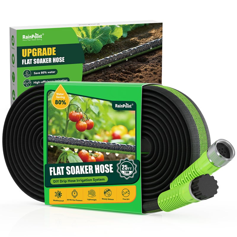RAINPOINT Soaker Hose 25FT, 80% Water-Saving Flat Drip Hose, Leakproof and Flexible with Anodized Aluminum Ends, Double Layer Gardening Irrigation Hoses for Gardens, Vegetables and Trees, Green - Image 1