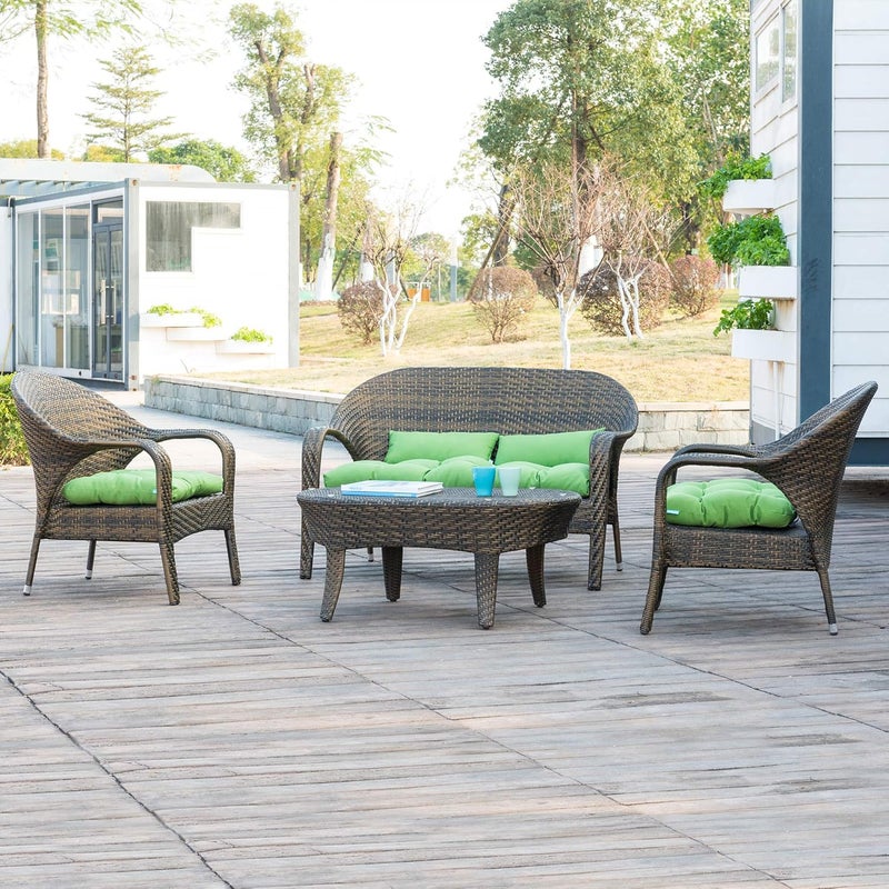 QILLOWAY Patio Cushions, 5 Piece Set - Outdoor Wicker Seat Cushions for Loveseat/Bench, All Weather, Green, Polyester Fill, Medium Firmness, Recyclable - Image 4