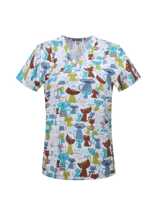 Loquat Womens Medical Scrubs Single Top Medical Uniform Single Printed Top Cat Print on Gray Background - Image 1
