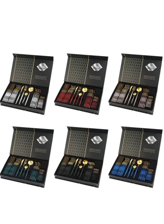 مجموعة أدوات مائدة من الفولاذ المقاوم للصدأ مكونة من 24 قطعة تكفي 6 أشخاص تتضمن سكاكين وشوك وملاعق للمطبخ والمطعم وآمنة للاستخدام في غسالة الأطباق - Image 3