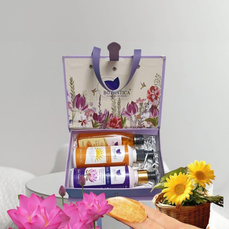BOTANTICA On the Glow Travel Kit radiant skin gold face wash Brightening lotus extract body lostion ultimate sun defense sunscreen For Glowing Skin Travel box Included Pack of 3 Travel Pocket Friendly Gift for Birthday and Anniversary - Image 2