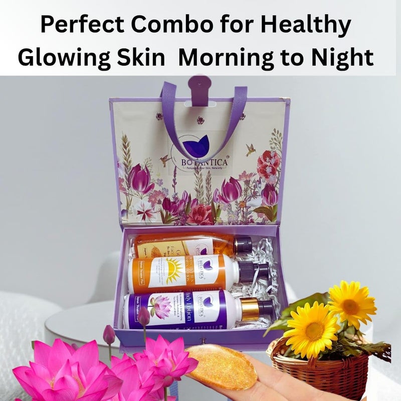 BOTANTICA On the Glow Travel Kit radiant skin gold face wash Brightening lotus extract body lostion ultimate sun defense sunscreen For Glowing Skin Travel box Included Pack of 3 Travel Pocket Friendly Gift for Birthday and Anniversary - Image 3