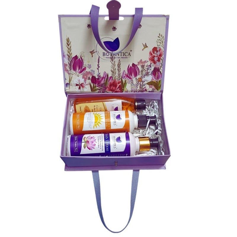 BOTANTICA On the Glow Travel Kit radiant skin gold face wash Brightening lotus extract body lostion ultimate sun defense sunscreen For Glowing Skin Travel box Included Pack of 3 Travel Pocket Friendly Gift for Birthday and Anniversary - Image 1