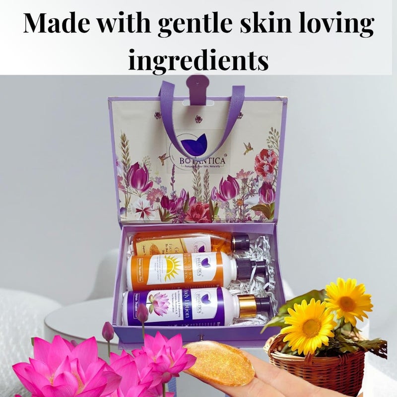 BOTANTICA On the Glow Travel Kit radiant skin gold face wash Brightening lotus extract body lostion ultimate sun defense sunscreen For Glowing Skin Travel box Included Pack of 3 Travel Pocket Friendly Gift for Birthday and Anniversary - Image 4