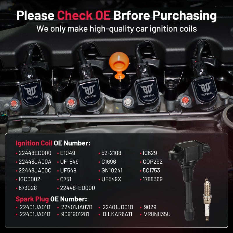 BDFHYK Ignition Coil Pack UF549 and Iridium Spark Plug 9029 Compatible with Nissan Altima 2008 2009 2010 2011 2012 2013 Nissan Rogue Sentra Versa 2013-2021 Nissan Coil Pack NV200 Cube 2.5L Set of 4 - Image 3