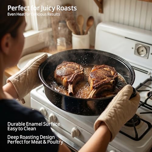 YAMMI TREE Oval Roasting Pan with Lid and Rack 18" Large Roaster Pan Set Comes With Lron Rack Enamel Cook Ware Dishwasher Compatibility Granite Oven Roaster - Image 3