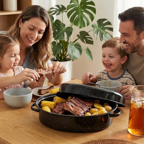 YAMMI TREE Oval Roasting Pan with Lid and Rack 18" Large Roaster Pan Set Comes With Lron Rack Enamel Cook Ware Dishwasher Compatibility Granite Oven Roaster - Image 5
