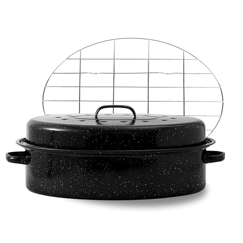 YAMMI TREE Oval Roasting Pan with Lid and Rack 18" Large Roaster Pan Set Comes With Lron Rack Enamel Cook Ware Dishwasher Compatibility Granite Oven Roaster - Image 1