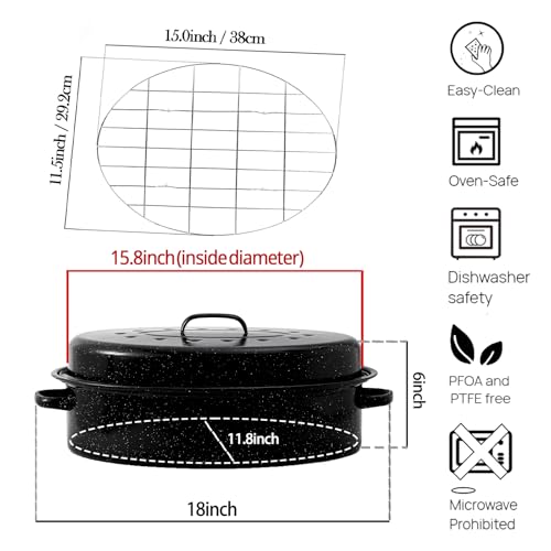 YAMMI TREE Oval Roasting Pan with Lid and Rack 18" Large Roaster Pan Set Comes With Lron Rack Enamel Cook Ware Dishwasher Compatibility Granite Oven Roaster - Image 2