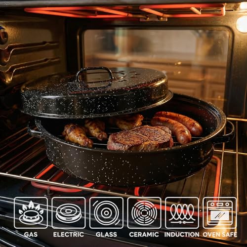 YAMMI TREE Oval Roasting Pan with Lid and Rack 18" Large Roaster Pan Set Comes With Lron Rack Enamel Cook Ware Dishwasher Compatibility Granite Oven Roaster - Image 4