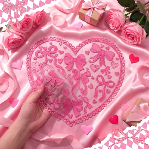 Maxdot 6 Pcs Pink Heart Placemats Coquette Bow Table Mats Lace Decorative Placemats for Anniversary Wedding Birthday Bridal Wedding Party Table Setting - Image 1