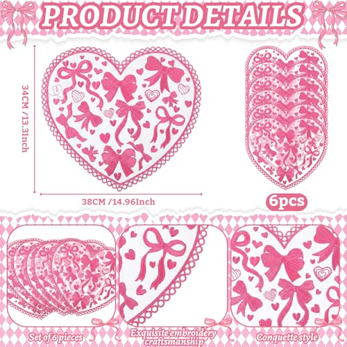 Maxdot 6 Pcs Pink Heart Placemats Coquette Bow Table Mats Lace Decorative Placemats for Anniversary Wedding Birthday Bridal Wedding Party Table Setting - Image 3