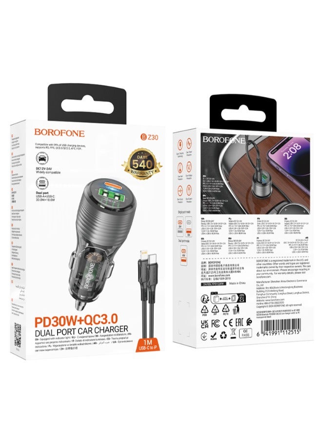 BOROFONE BZ30 Absolute PD30W+QC3.0 car charger set(C to C) - transparent black - Image 2