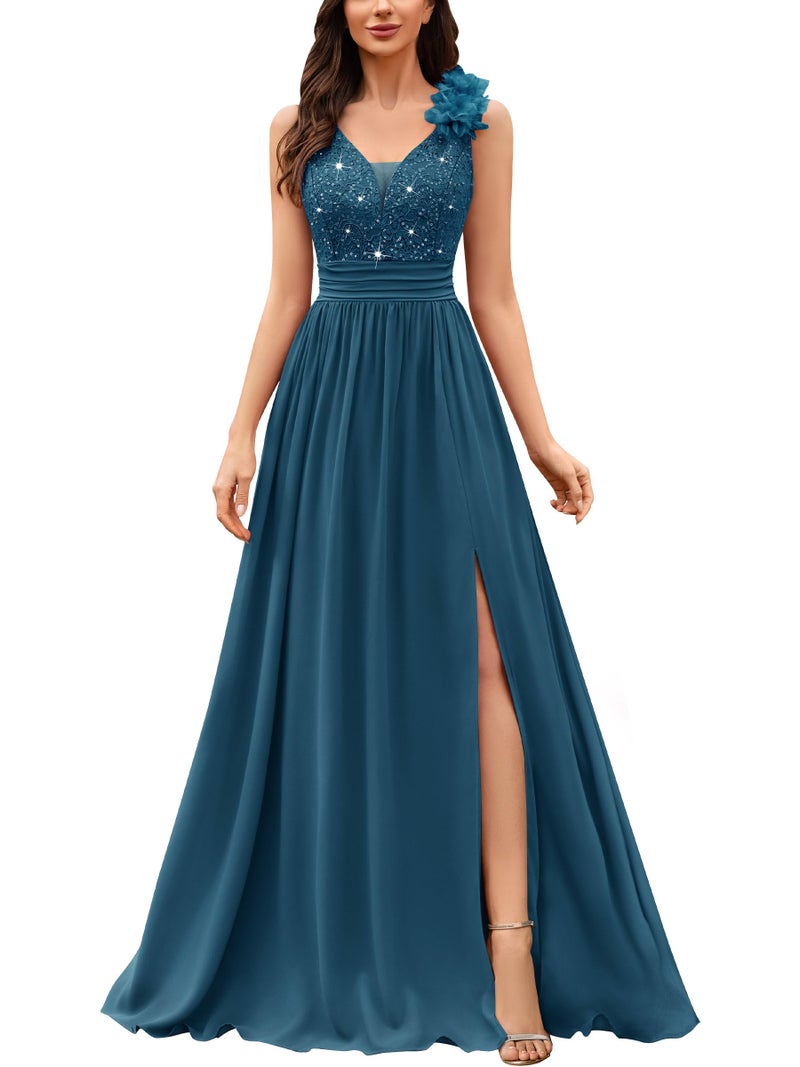 Miusol Women's Vintage V-Neck Sleeveless Sequined Split Formal Evening Maxi Dress (Medium, Coral Blue) - Image 1