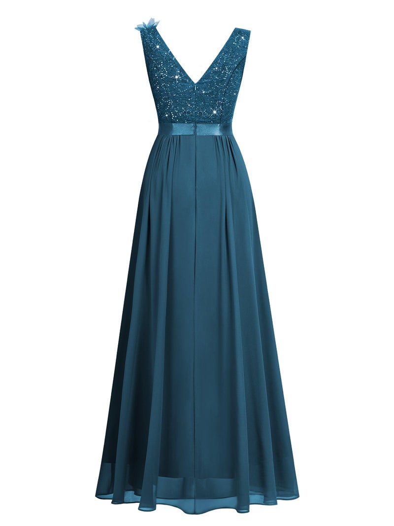 Miusol Women's Vintage V-Neck Sleeveless Sequined Split Formal Evening Maxi Dress (Medium, Coral Blue) - Image 5