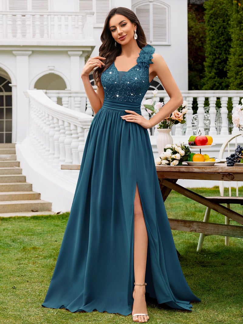 Miusol Women's Vintage V-Neck Sleeveless Sequined Split Formal Evening Maxi Dress (Medium, Coral Blue) - Image 3