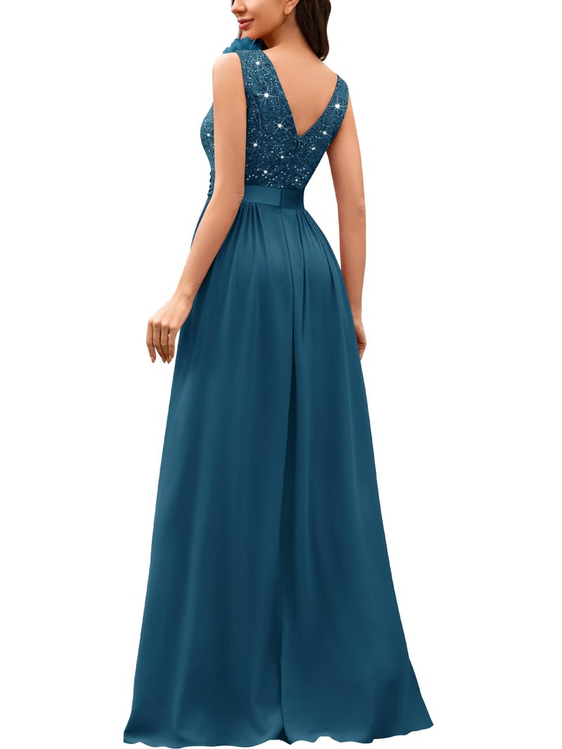 Miusol Women's Vintage V-Neck Sleeveless Sequined Split Formal Evening Maxi Dress (Medium, Coral Blue) - Image 2