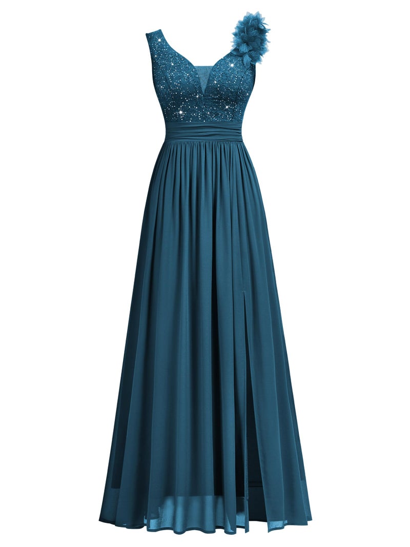 Miusol Women's Vintage V-Neck Sleeveless Sequined Split Formal Evening Maxi Dress (Medium, Coral Blue) - Image 4