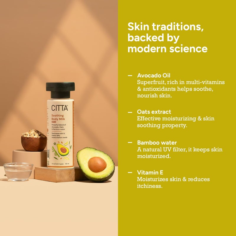 CITTA Soothing Body Milk For Men Women Deep Moisturization SPF NonGreasy Blend of Avocado Oats Bamboo Water LongLasting Moisturization For Daily Use For All Skin Types 50 ml - Image 3