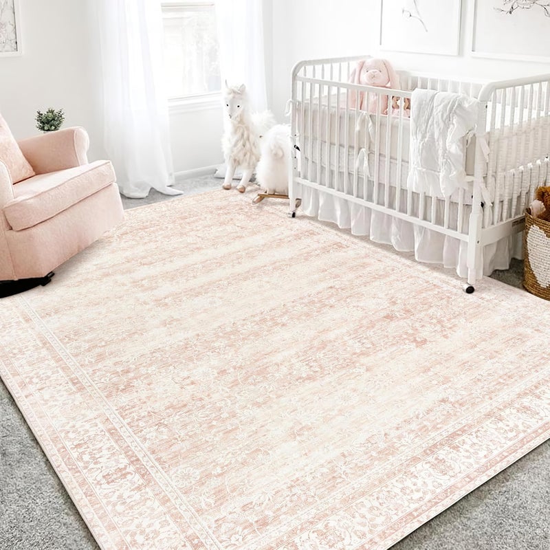 Nursery Rug for Baby GirlNeutral Blush Pink Boho Cute Floral Foldable Machine Washable Soft Faux Wool Carpet Area Rugs for Living Room Bedroom Dorm Kids Playroom5x7