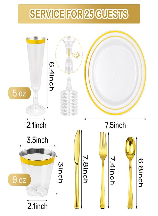 JIURUN 150PCS Gold Plastic Plates Set for 25 Guests, Disposable Dinnerware Set of 25 Small Dessert Plates 7.5", Cups 9" ,Champagne Flutes Cups 5", Spoons, Forks, Knives for Birthday Wedding & Party Supplies - Image 2