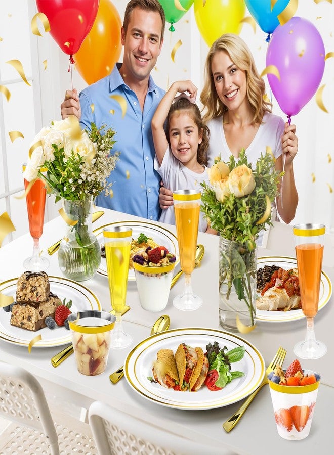 JIURUN 150PCS Gold Plastic Plates Set for 25 Guests, Disposable Dinnerware Set of 25 Small Dessert Plates 7.5", Cups 9" ,Champagne Flutes Cups 5", Spoons, Forks, Knives for Birthday Wedding & Party Supplies - Image 5