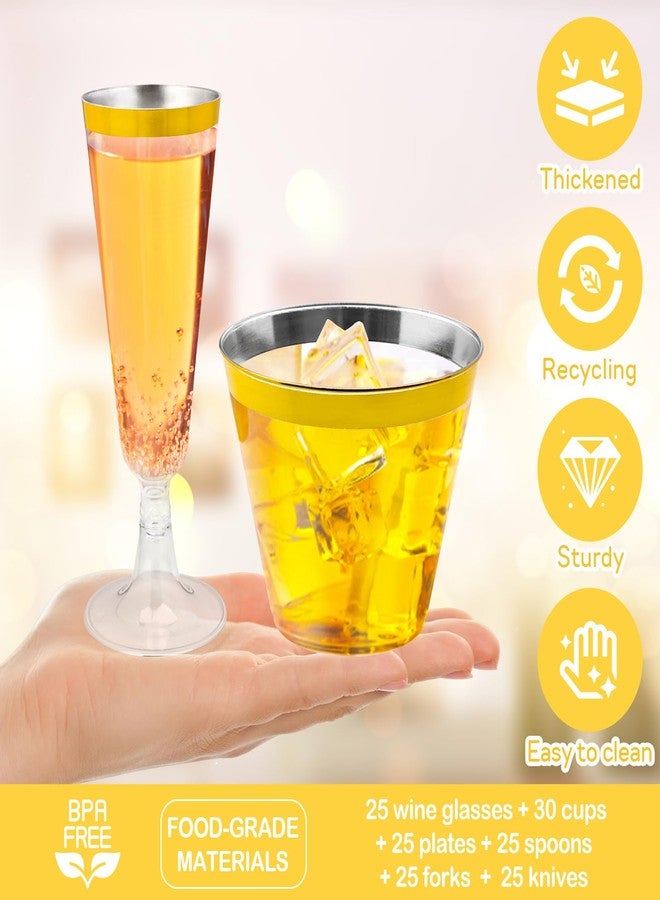 JIURUN 150PCS Gold Plastic Plates Set for 25 Guests, Disposable Dinnerware Set of 25 Small Dessert Plates 7.5", Cups 9" ,Champagne Flutes Cups 5", Spoons, Forks, Knives for Birthday Wedding & Party Supplies - Image 3