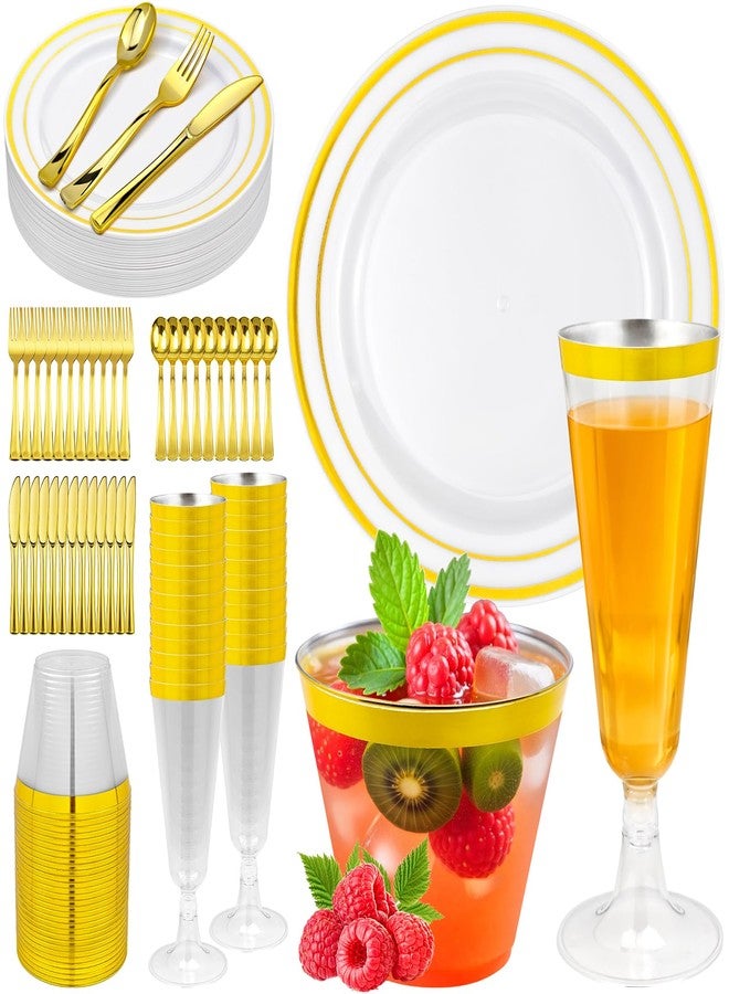 JIURUN 150PCS Gold Plastic Plates Set for 25 Guests, Disposable Dinnerware Set of 25 Small Dessert Plates 7.5", Cups 9" ,Champagne Flutes Cups 5", Spoons, Forks, Knives for Birthday Wedding & Party Supplies - Image 1