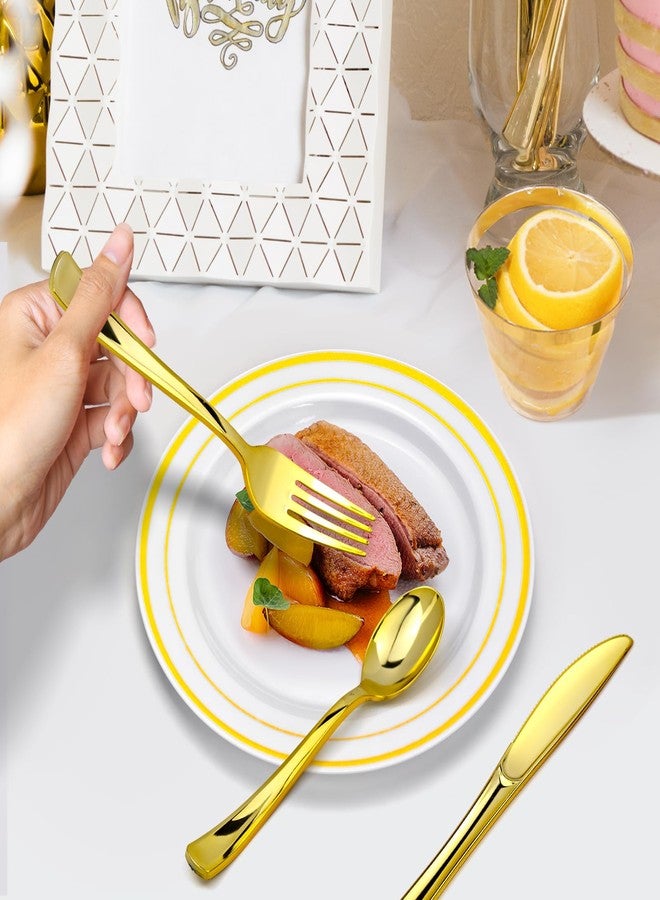 JIURUN 150PCS Gold Plastic Plates Set for 25 Guests, Disposable Dinnerware Set of 25 Small Dessert Plates 7.5", Cups 9" ,Champagne Flutes Cups 5", Spoons, Forks, Knives for Birthday Wedding & Party Supplies - Image 4