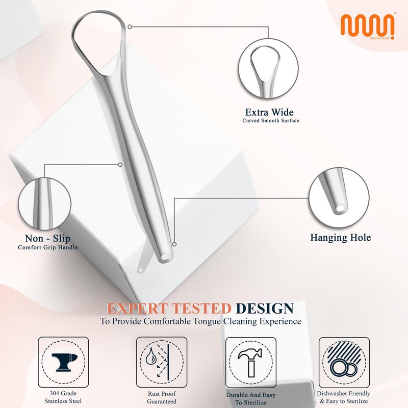 MasterMedi Tongue Scraper with Multicolor Cases (2 Pack), 100% Stainless Steel, Reduce Bad Breath, Easy to Use Tongue Scraper for Adults, Tongue Cleaner for Oral Care & Hygiene - Image 3