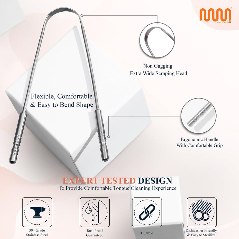 MasterMedi Tongue Scraper with Multicolor Cases (2 Pack), 100% Stainless Steel, Reduce Bad Breath, Easy to Use Tongue Scraper for Adults, Tongue Cleaner for Oral Care & Hygiene - Image 4