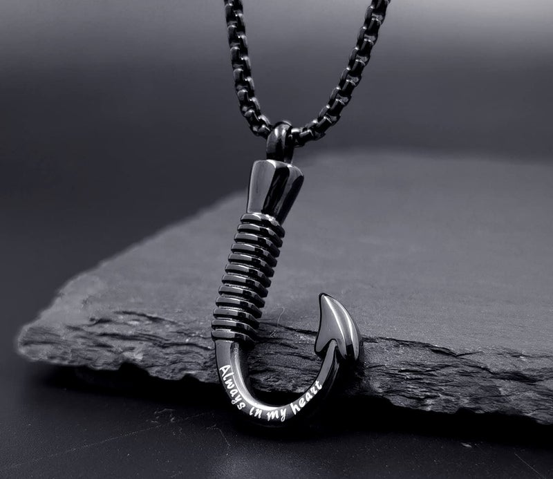 YOUFENG Fishing Hook Urn Necklace for Ashes Stainless Steel Cremation Jewelry Always in My Heart Ashes Necklaces Memorial Keepsake for Men - Image 2